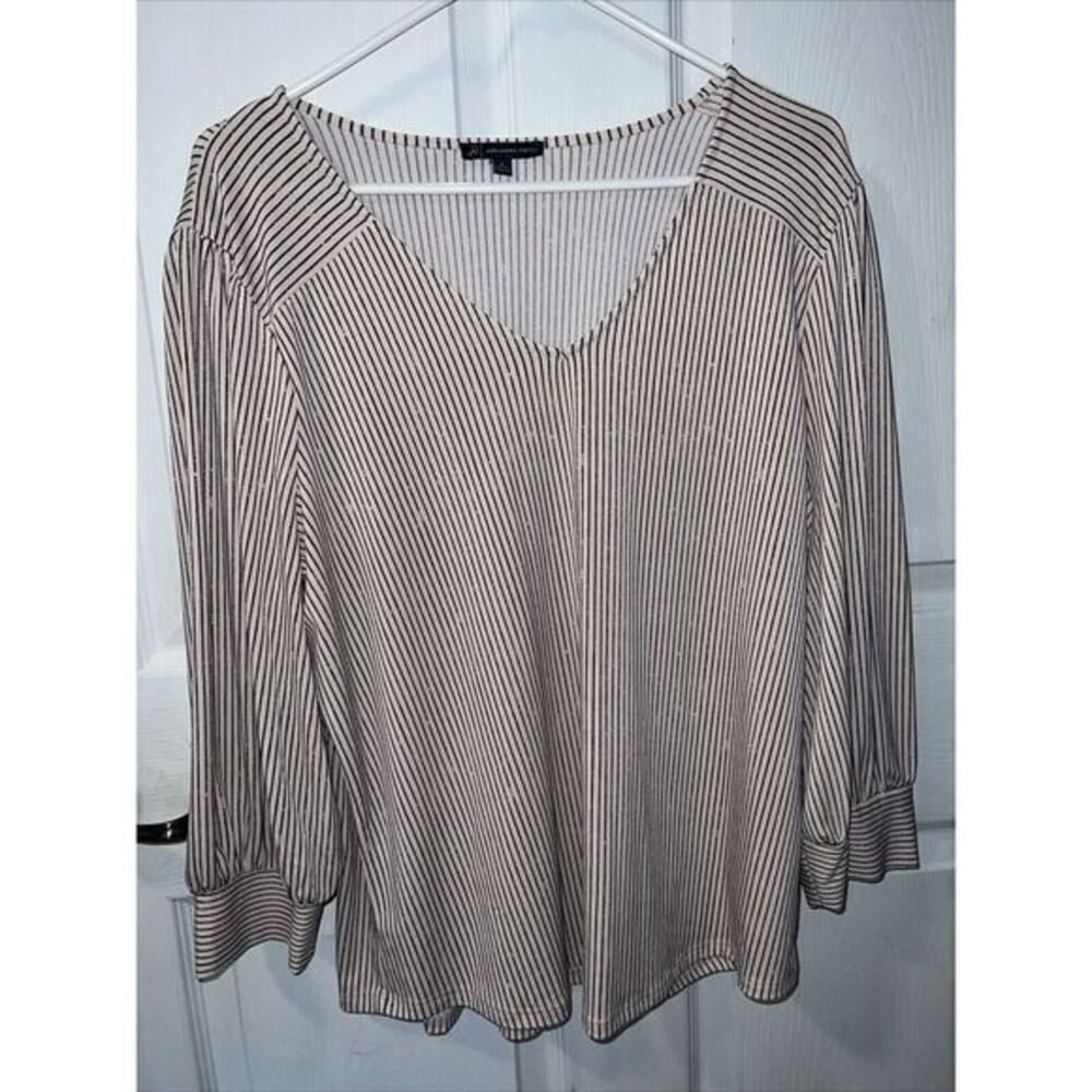 Adrianna Papell Blouse in Pink with Black Stripes V-neck Size Large